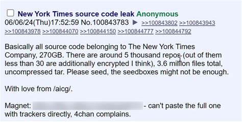 New York Times source code leaks on 4chan, days after Disney .